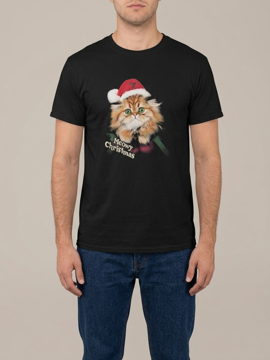 Meowy Christmas Cat Graphic T-Shirt Funny Xmas Tee