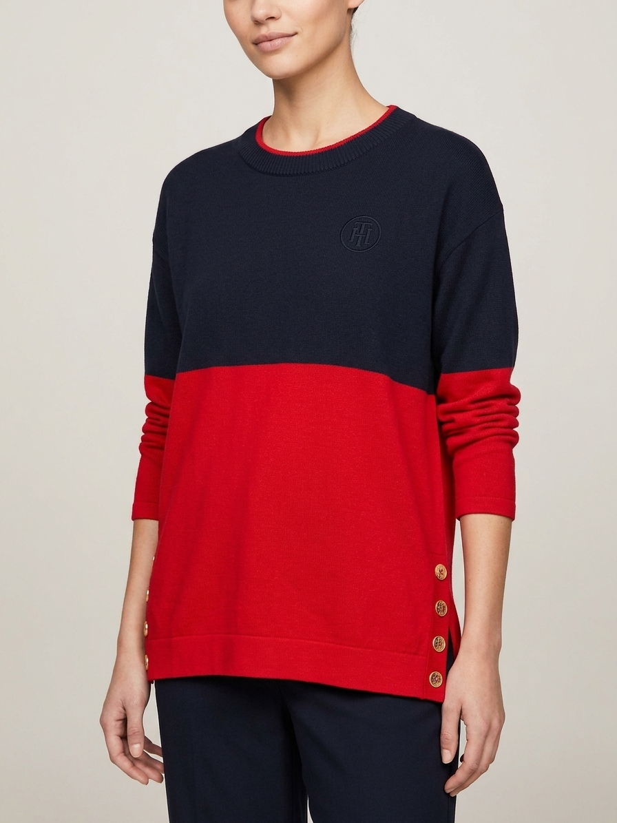 Tommy Hilfiger Colorblock Knit Sweater Navy Red Button Detail Jumper Size M