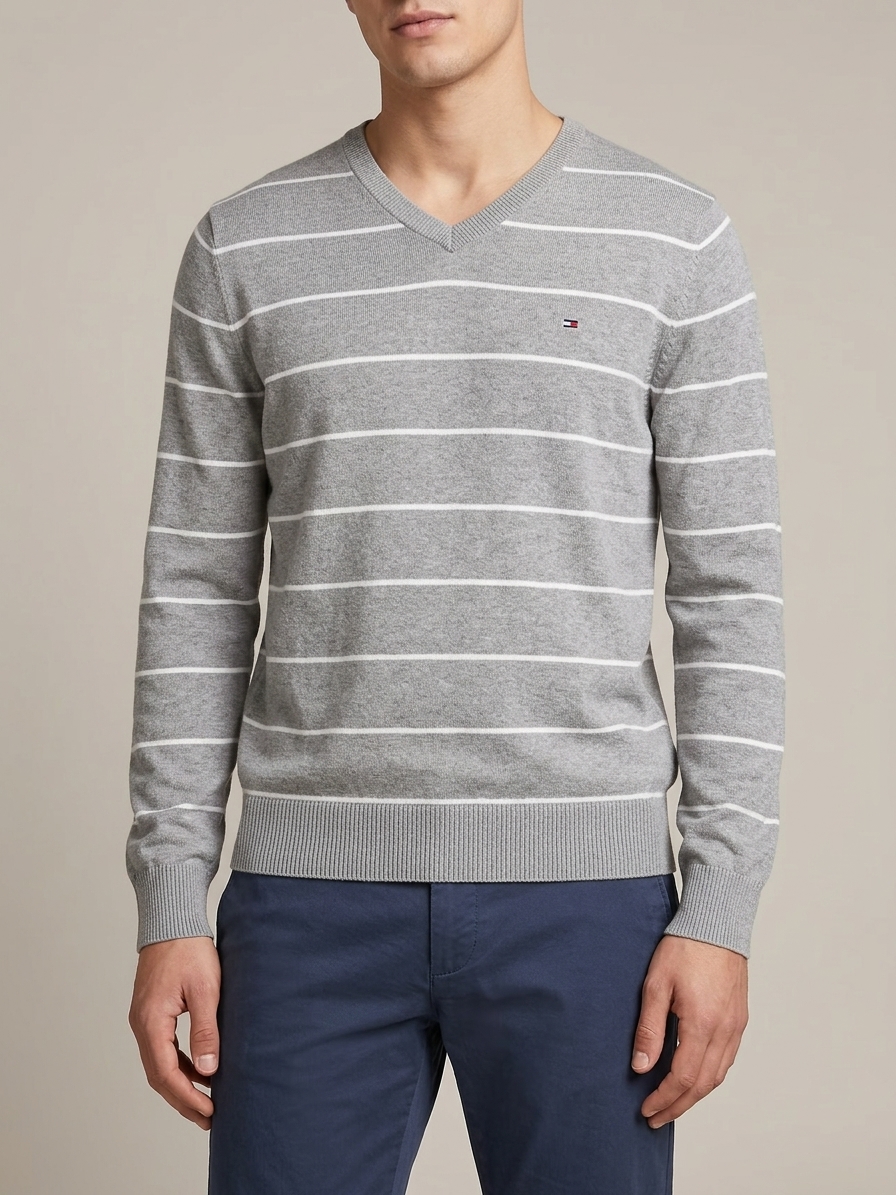 Tommy Hilfiger Striped V-Neck Knit Sweater Grey White Men's L
