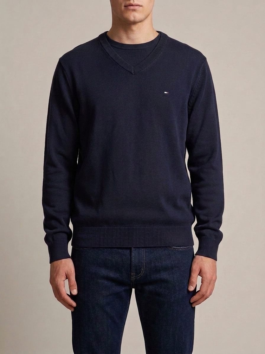 Tommy Hilfiger V Neck Fine Knit Sweater Navy Cotton M